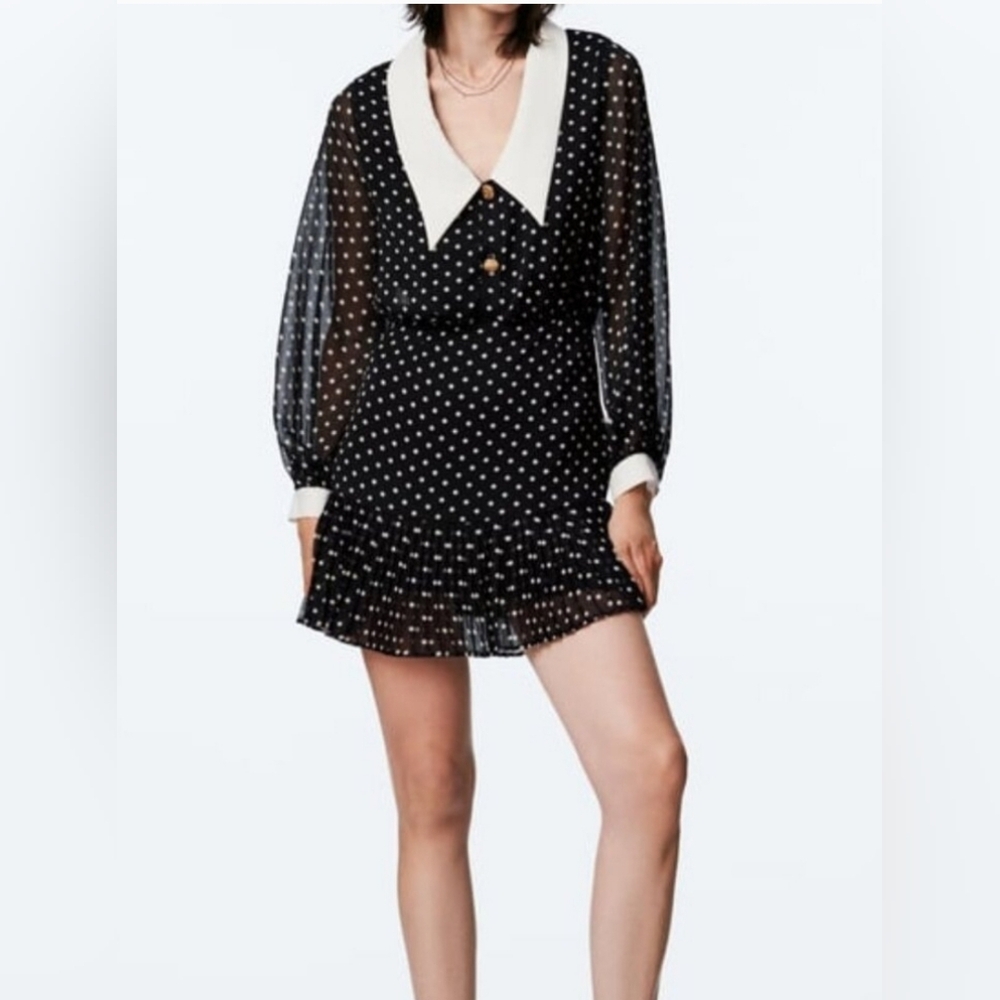 Zara Black Polka Dot Mini Dress with Cream Collar